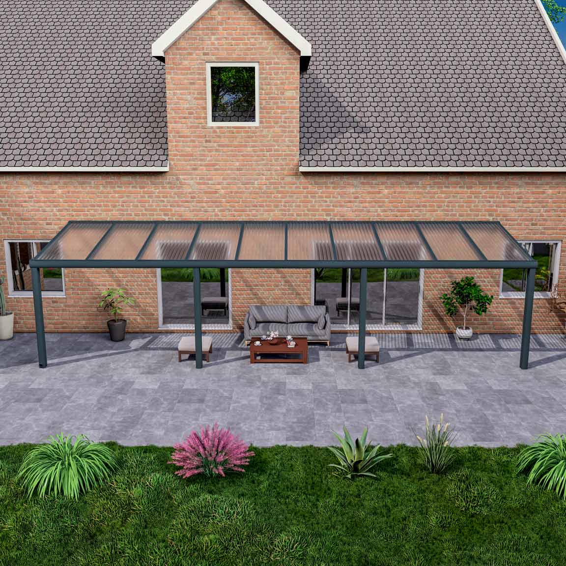 Terrassenüberdachung aus Aluminium nach Maß Excellent Anthrazit RAL 7016 mit Stegplatte Klar Polycarbonat 16mm in Breite 10060 x Tiefe 3000