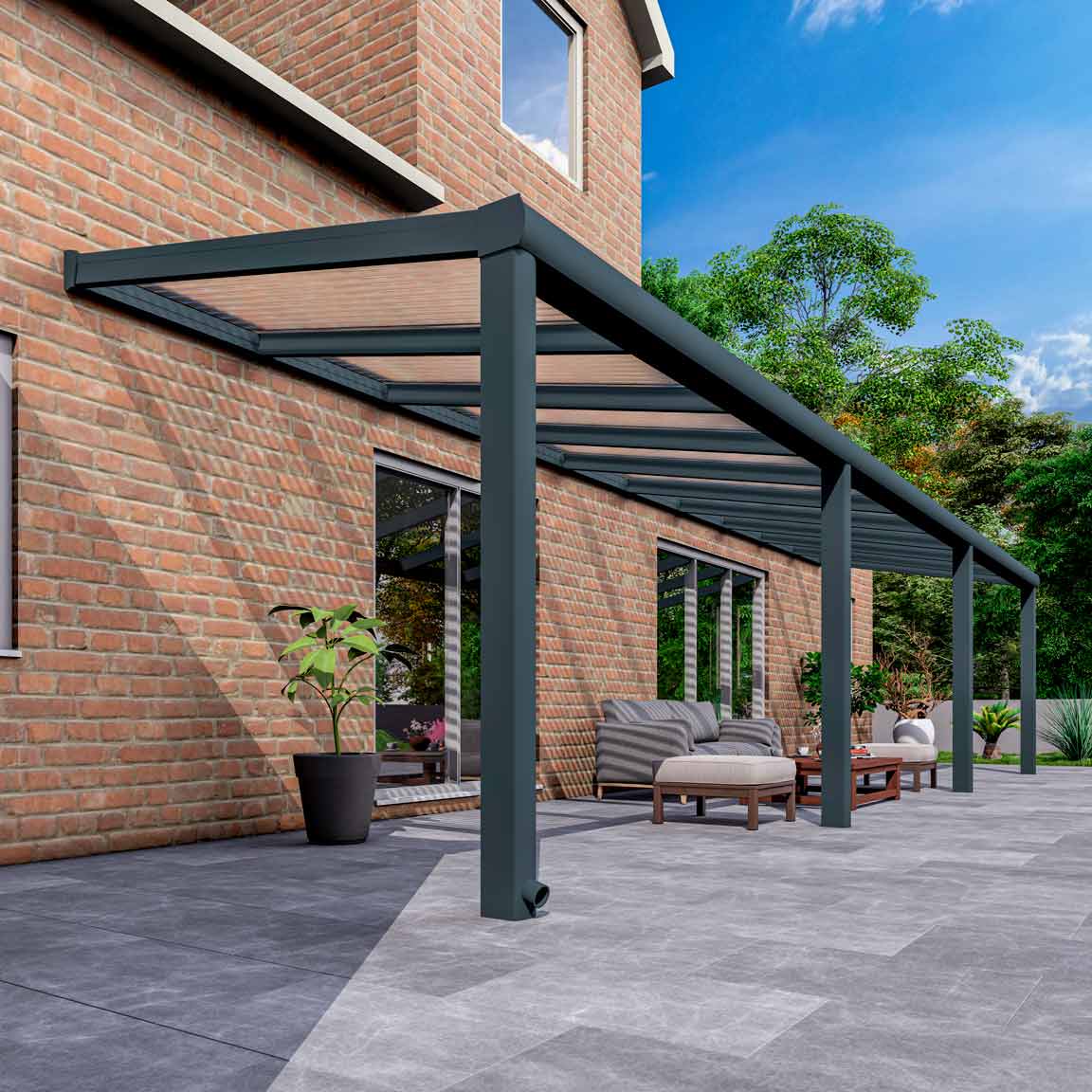 Terrassenüberdachung aus Aluminium nach Maß Excellent Anthrazit RAL 7016 mit Stegplatte Klar Polycarbonat 16mm in Breite 10060 x Tiefe 3000 - Bild 3