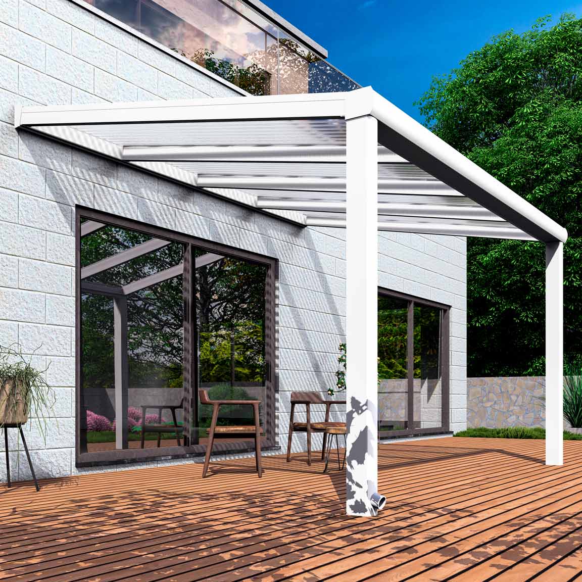 Terrassenüberdachung aus Aluminium nach Maß Excellent Weiß RAL 9016 mit Stegplatte Klar Polycarbonat 16mm in Breite 4060 x Tiefe 4000 - Bild 4