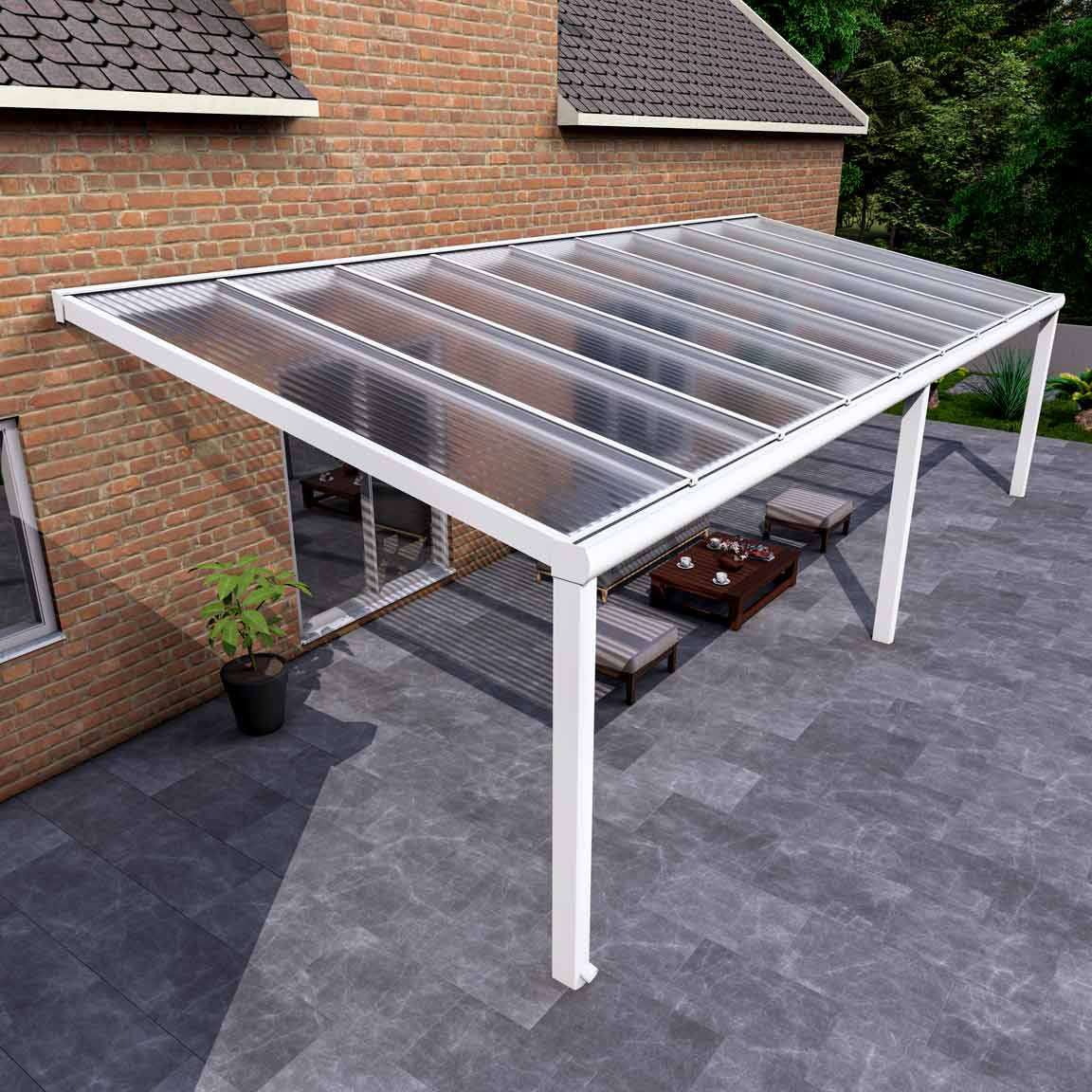 Terrassenüberdachung aus Aluminium nach Maß Excellent Weiß RAL 9016 mit Stegplatte Klar Polycarbonat 16mm in Breite 4060 x Tiefe 4000 - Bild 3