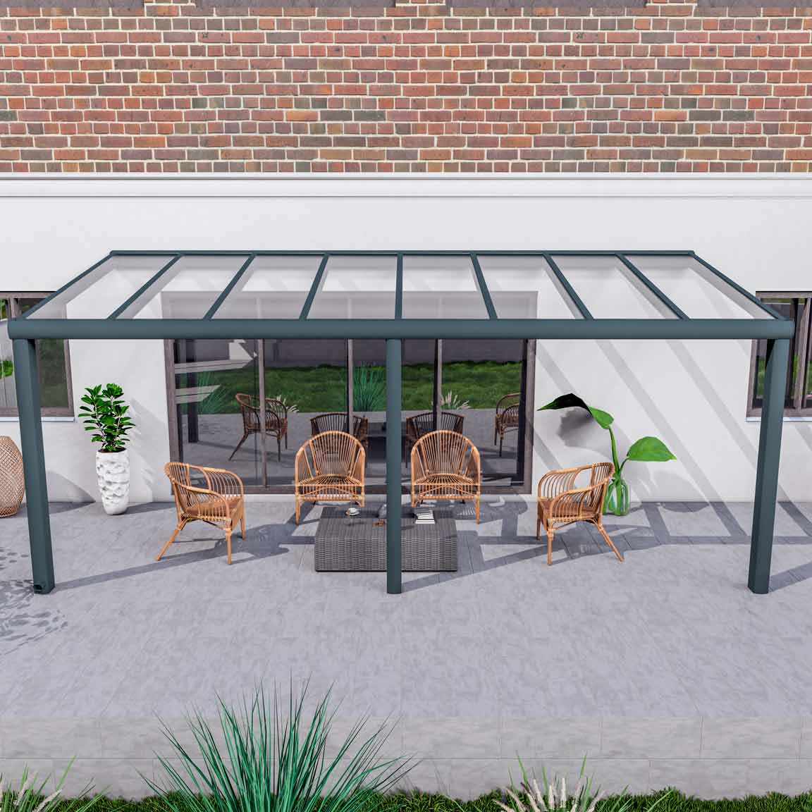 Terrassenüberdachung aus Aluminium nach Maß Excellent Anthrazit RAL 7016 mit VSG Klar Glas 8mm in Breite 6060 x Tiefe 3000