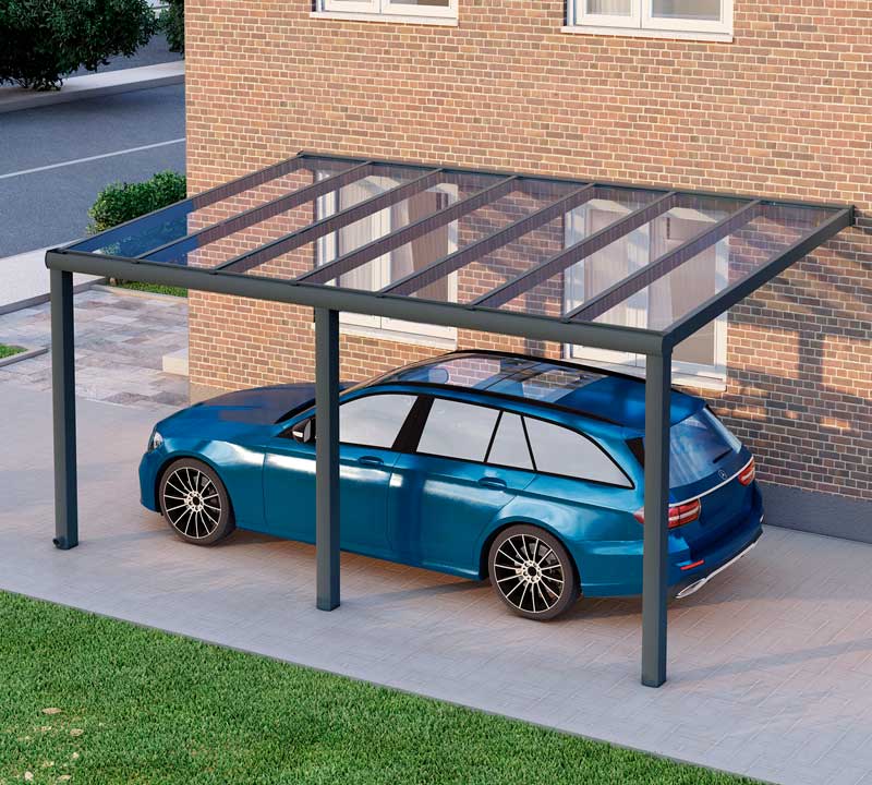 Carport aus Aluminium nach Maß Anthrazit RAL 7016 mit Stegplatte Klar Polycarbonat 16mm in Breite 3060 x Tiefe 2500
