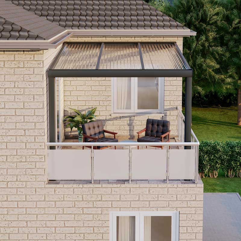 Balkonüberdachung aus Aluminium nach Maß Anthrazit RAL 7016 mit Stegplatte Klar Polycarbonat 16mm in Breite 3060 x Tiefe 2500